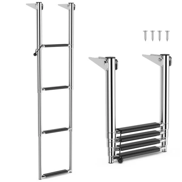 Échelle de Piscine Pliable Télescopique Acier Inoxydable 4 Marches Charge 227KG Patins Antidérapants Ponton Quai Yacht