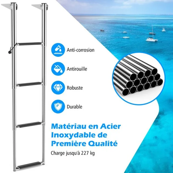 Échelle de Piscine Pliable Télescopique Acier Inoxydable 4 Marches Charge 227KG Patins Antidérapants Ponton Quai Yacht