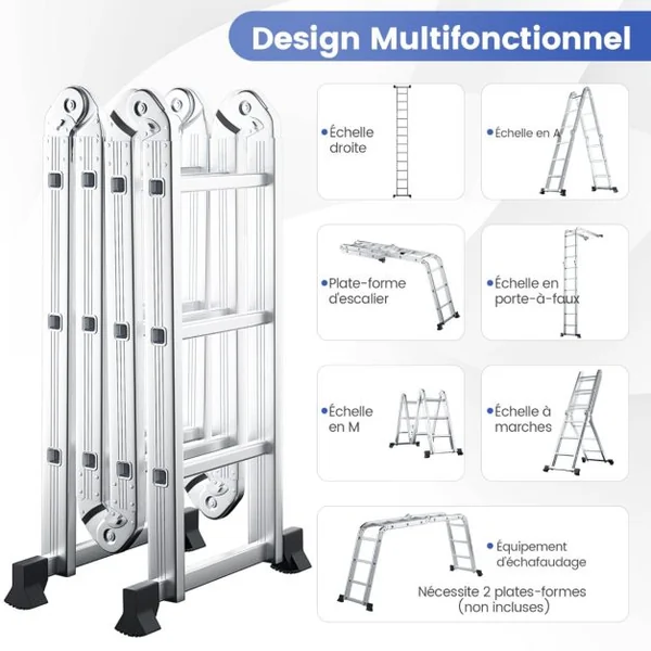 Échelle Pliable en Aluminium 7 en 1 Échelle Télescopique 370,5 cm Marches et Repose-pieds Antidérapants Charge Max 150KG