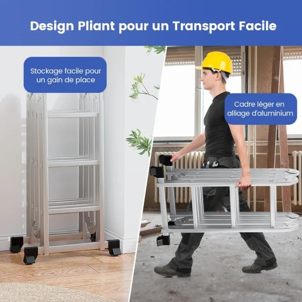 Échelle Pliable en Aluminium 7 en 1 Échelle Télescopique 370,5 cm Marches et Repose-pieds Antidérapants Charge Max 150KG