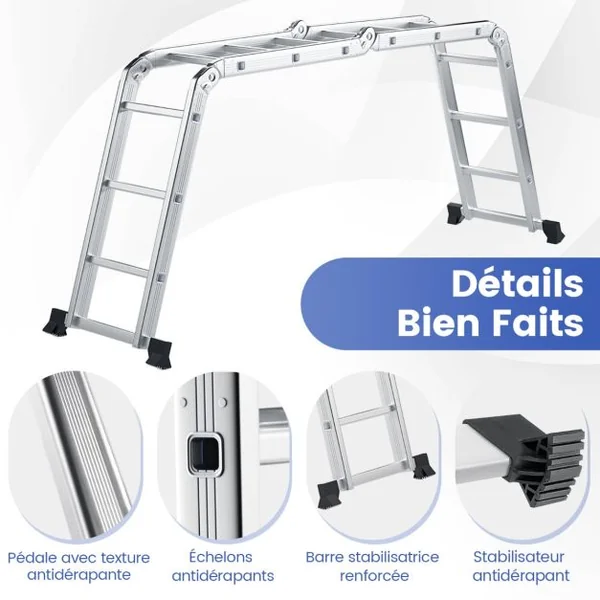 Échelle Pliable en Aluminium 7 en 1 Échelle Télescopique 370,5 cm Marches et Repose-pieds Antidérapants Charge Max 150KG