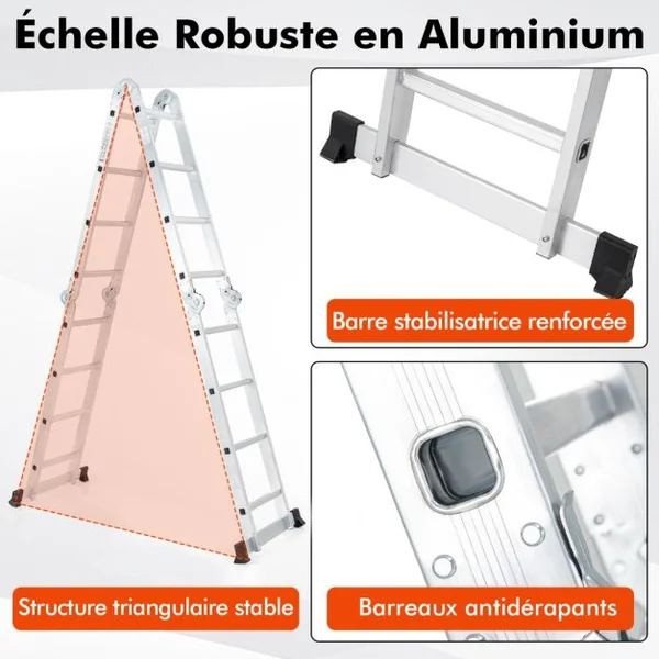 Échelle Pliable Multifonctions de 4,6M Échelle avec Cadre en Aluminium Charnière de Verrouillage Sécurisée Repose-pieds Antidérapants Charge 150KG