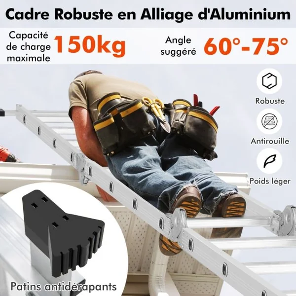 Échelle Pliable Multifonctions de 4,6M Échelle avec Cadre en Aluminium Charnière de Verrouillage Sécurisée Repose-pieds Antidérapants Charge 150KG