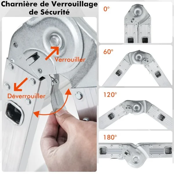 Échelle Pliable Multifonctions de 4,6M Échelle avec Cadre en Aluminium Charnière de Verrouillage Sécurisée Repose-pieds Antidérapants Charge 150KG