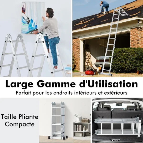 Échelle Pliable Multifonctions de 4,6M Échelle avec Cadre en Aluminium Charnière de Verrouillage Sécurisée Repose-pieds Antidérapants Charge 150KG