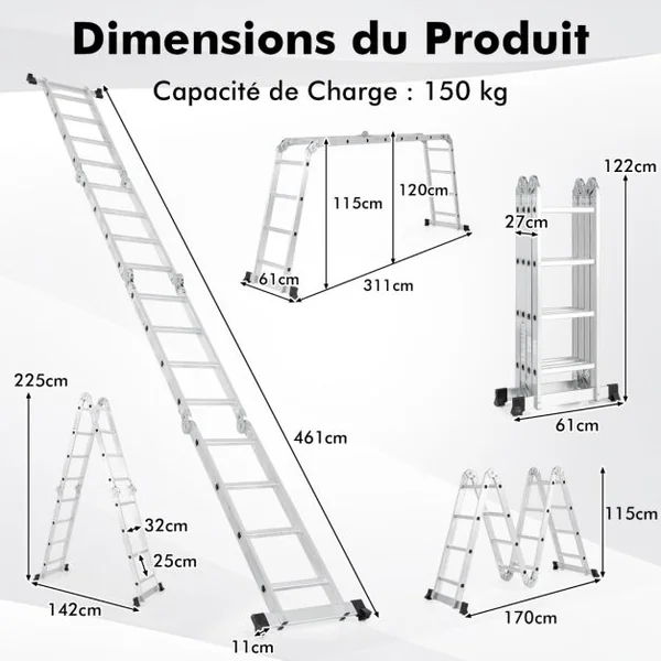 Échelle Pliable Multifonctions de 4,6M Échelle avec Cadre en Aluminium Charnière de Verrouillage Sécurisée Repose-pieds Antidérapants Charge 150KG