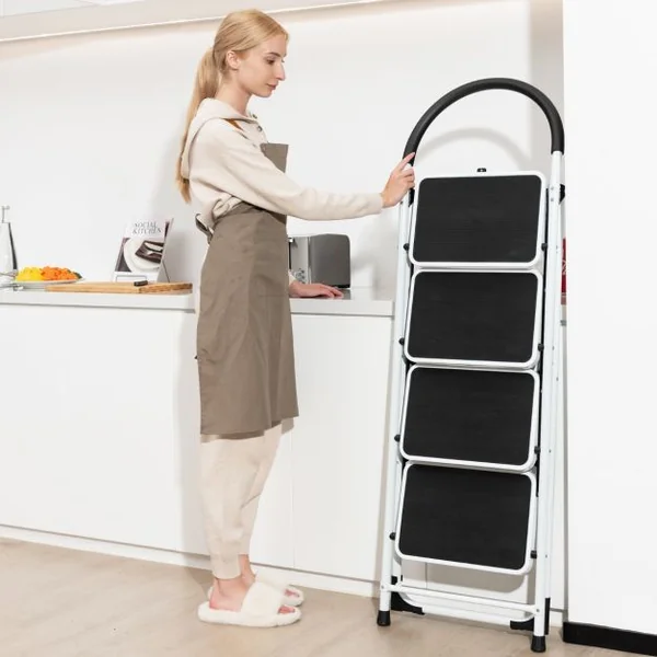 Échelle à 4 marches escabeau pliant avec poignée pratique pédale antidérapante et barre transversale renforcée échelle en acier portable avec capacité de poids de 150 kg
