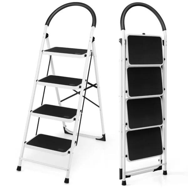 Échelle à 4 marches escabeau pliant avec poignée pratique pédale antidérapante et barre transversale renforcée échelle en acier portable avec capacité de poids de 150 kg