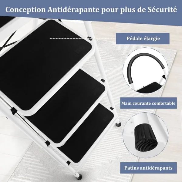 Échelle à 4 marches escabeau pliant avec poignée pratique pédale antidérapante et barre transversale renforcée échelle en acier portable avec capacité de poids de 150 kg