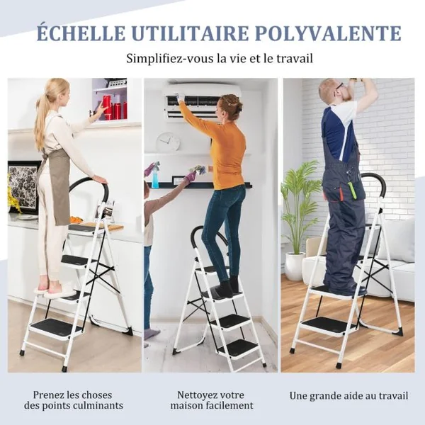 Échelle à 4 marches escabeau pliant avec poignée pratique pédale antidérapante et barre transversale renforcée échelle en acier portable avec capacité de poids de 150 kg