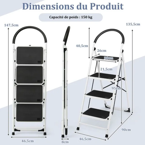 Échelle à 4 marches escabeau pliant avec poignée pratique pédale antidérapante et barre transversale renforcée échelle en acier portable avec capacité de poids de 150 kg
