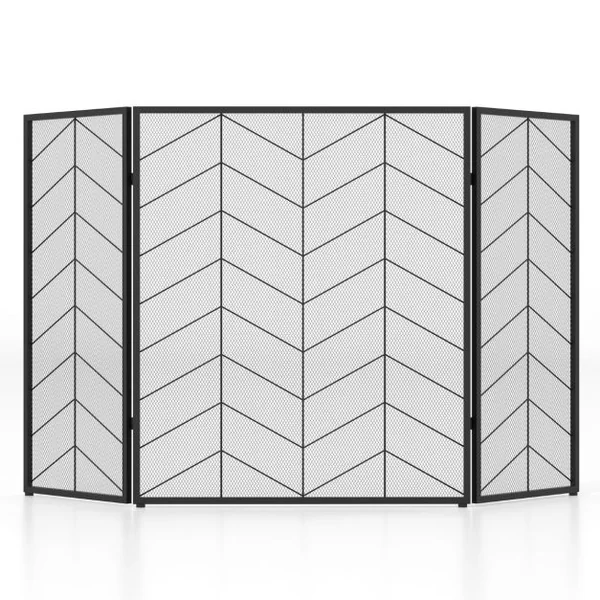 Écran de Cheminée 132 x 79 cm Pare-étincelles Pliable à 3 Panneaux Décorative en Maille Motif à Chevrons Pare-feu de Cheminée en Métal pour Salon