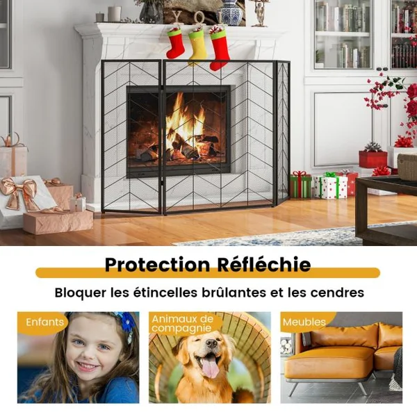 Écran de Cheminée 132 x 79 cm Pare-étincelles Pliable à 3 Panneaux Décorative en Maille Motif à Chevrons Pare-feu de Cheminée en Métal pour Salon