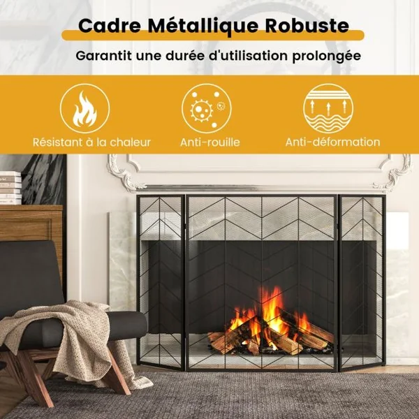 Écran de Cheminée 132 x 79 cm Pare-étincelles Pliable à 3 Panneaux Décorative en Maille Motif à Chevrons Pare-feu de Cheminée en Métal pour Salon