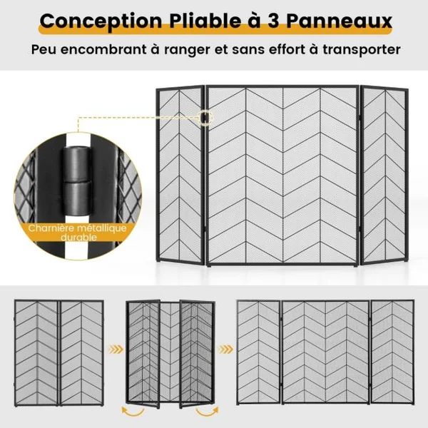 Écran de Cheminée 132 x 79 cm Pare-étincelles Pliable à 3 Panneaux Décorative en Maille Motif à Chevrons Pare-feu de Cheminée en Métal pour Salon