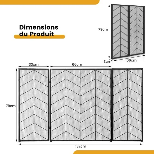 Écran de Cheminée 132 x 79 cm Pare-étincelles Pliable à 3 Panneaux Décorative en Maille Motif à Chevrons Pare-feu de Cheminée en Métal pour Salon