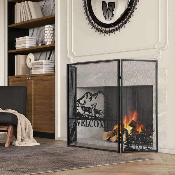 Écran de Cheminée 132 x 79 cm Pare-étincelles Pliable à 3 Panneaux Décorative en Maille Motif à Chevrons Pare-feu de Cheminée en Métal Robuste