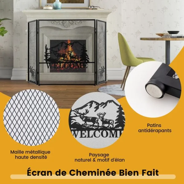 Écran de Cheminée 132 x 79 cm Pare-étincelles Pliable à 3 Panneaux Décorative en Maille Motif à Chevrons Pare-feu de Cheminée en Métal Robuste