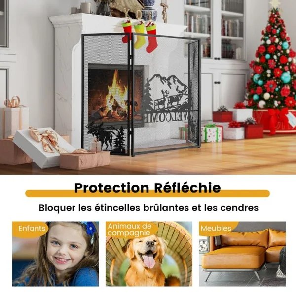 Écran de Cheminée 132 x 79 cm Pare-étincelles Pliable à 3 Panneaux Décorative en Maille Motif à Chevrons Pare-feu de Cheminée en Métal Robuste