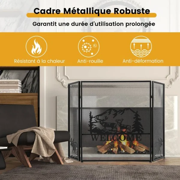 Écran de Cheminée 132 x 79 cm Pare-étincelles Pliable à 3 Panneaux Décorative en Maille Motif à Chevrons Pare-feu de Cheminée en Métal Robuste
