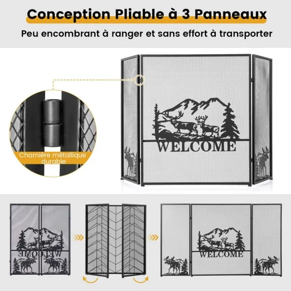 Écran de Cheminée 132 x 79 cm Pare-étincelles Pliable à 3 Panneaux Décorative en Maille Motif à Chevrons Pare-feu de Cheminée en Métal Robuste