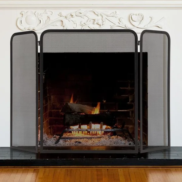 Écran de Cheminée à 3 Panneaux Pare-étincelles en Maille de Fer Forgé pliable Charnières Flexibles Paravent de Cheminée avec Cadre en Métal Pare-feu