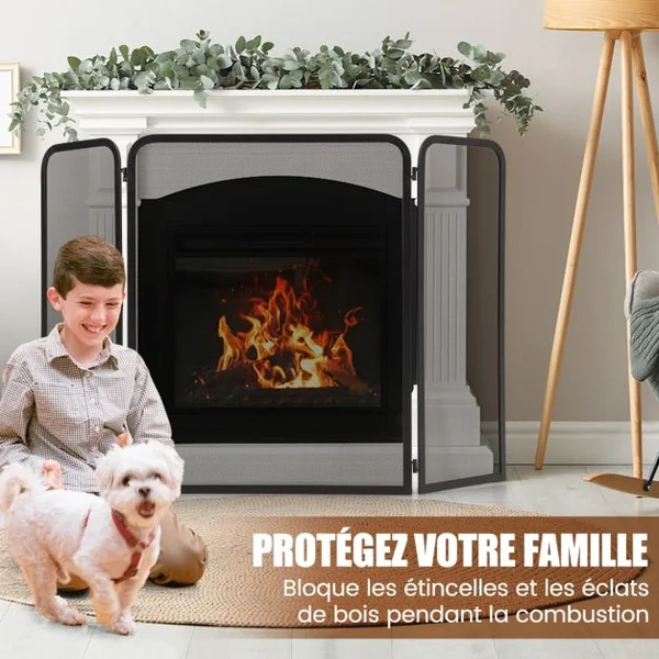 Écran de Cheminée à 3 Panneaux Pare-étincelles en Maille de Fer Forgé pliable Charnières Flexibles Paravent de Cheminée avec Cadre en Métal Pare-feu