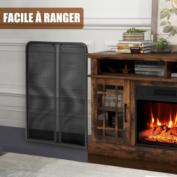 Écran de Cheminée à 3 Panneaux Pare-étincelles en Maille de Fer Forgé pliable Charnières Flexibles Paravent de Cheminée avec Cadre en Métal Pare-feu