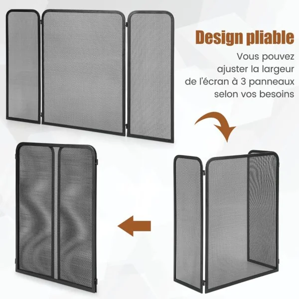 Écran de Cheminée à 3 Panneaux Pare-étincelles en Maille de Fer Forgé pliable Charnières Flexibles Paravent de Cheminée avec Cadre en Métal Pare-feu