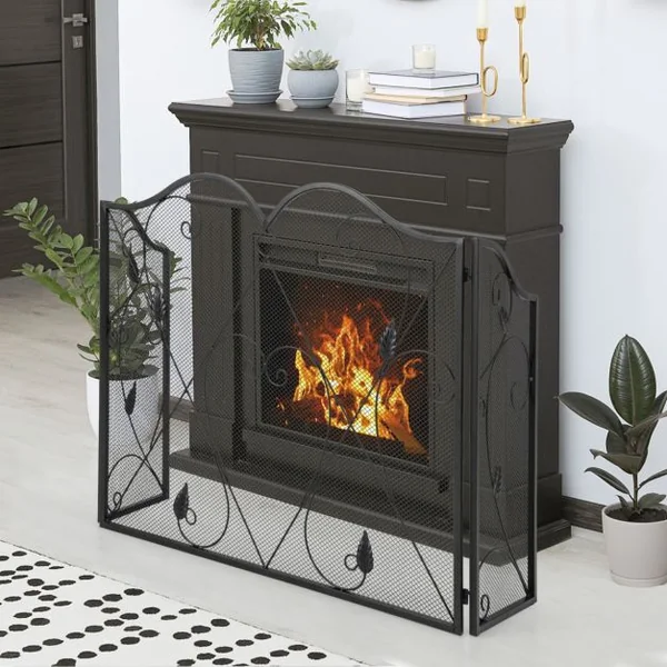 Écran de Cheminée à 3 Panneaux Pare-étincelles en Maille de Fer Forgé Pliable Charnières Flexibles Pare-feu de Cheminée Grille en Métal