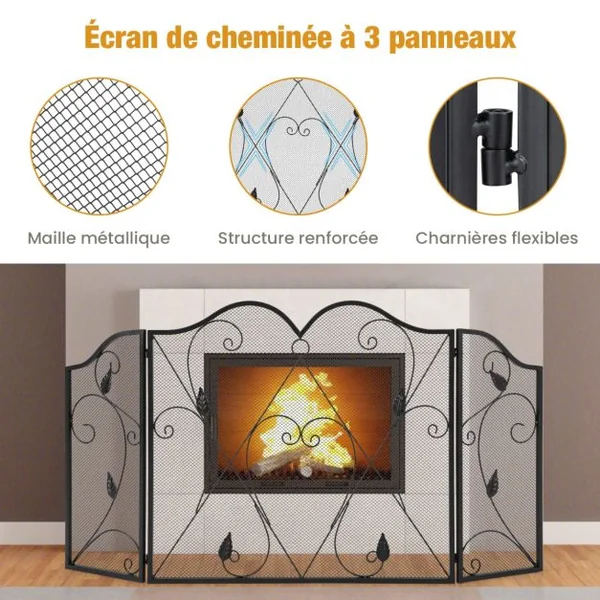 Écran de Cheminée à 3 Panneaux Pare-étincelles en Maille de Fer Forgé Pliable Charnières Flexibles Pare-feu de Cheminée Grille en Métal