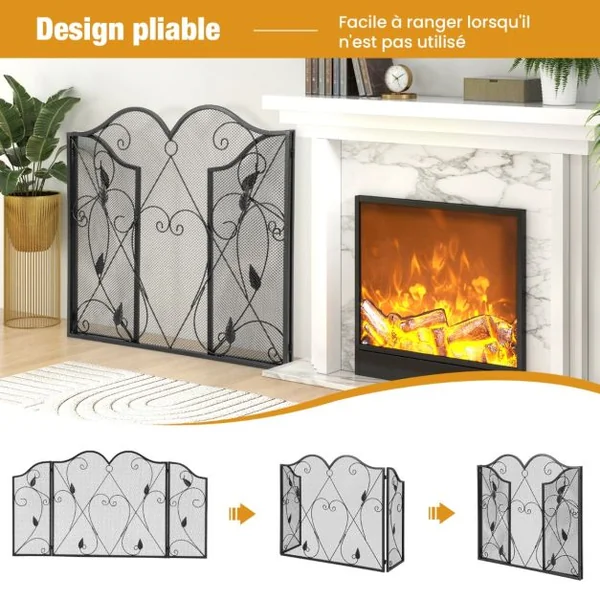Écran de Cheminée à 3 Panneaux Pare-étincelles en Maille de Fer Forgé Pliable Charnières Flexibles Pare-feu de Cheminée Grille en Métal