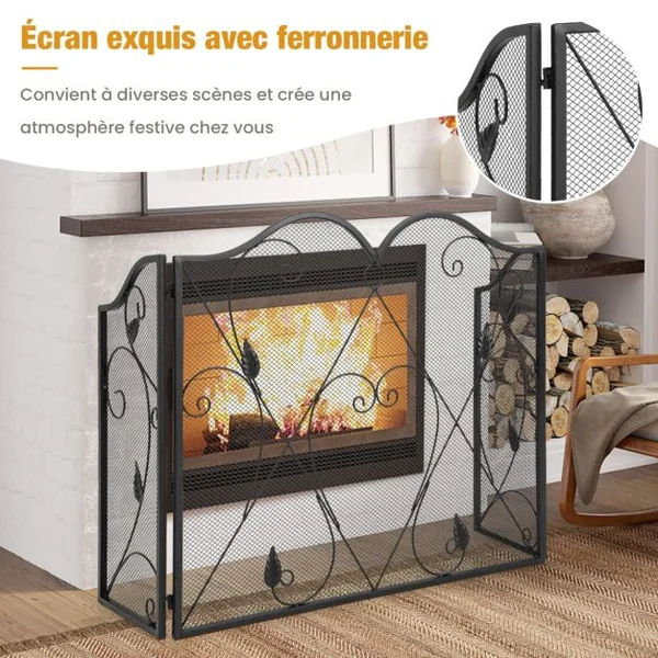 Écran de Cheminée à 3 Panneaux Pare-étincelles en Maille de Fer Forgé Pliable Charnières Flexibles Pare-feu de Cheminée Grille en Métal