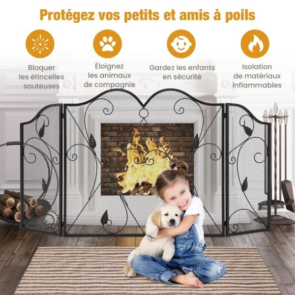 Écran de Cheminée à 3 Panneaux Pare-étincelles en Maille de Fer Forgé Pliable Charnières Flexibles Pare-feu de Cheminée Grille en Métal
