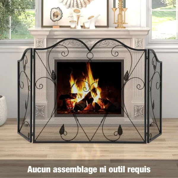 Écran de Cheminée à 3 Panneaux Pare-étincelles en Maille de Fer Forgé Pliable Charnières Flexibles Pare-feu de Cheminée Grille en Métal