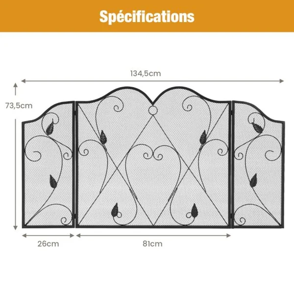 Écran de Cheminée à 3 Panneaux Pare-étincelles en Maille de Fer Forgé Pliable Charnières Flexibles Pare-feu de Cheminée Grille en Métal
