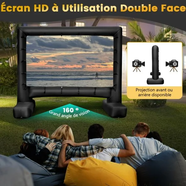 Écran de Projection Gonflable de 16:9 avec Souffleur d'Air Écran de Cinéma avec Sac de Transport Piquets de Sol Projection Double Face 257 x 144 cm