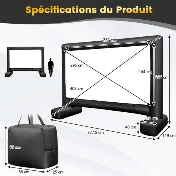 Écran de Projection Gonflable de 16:9 avec Souffleur d'Air Écran de Cinéma avec Sac de Transport Piquets de Sol Projection Double Face 257 x 144 cm