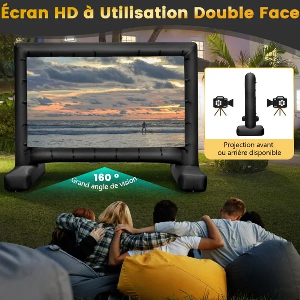 Écran de Projection Gonflable de 16:9 avec Souffleur d'Air Écran de Cinéma avec Sac de Transport Piquets de Sol Projection Double Face 316 x 179 cm