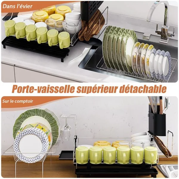 Égouttoir à Vaisselle avec Bac d'Égouttage Porte-Vaisselle Antirouille avec Porte-ustensiles Support de Planche à Découper 58*42*37cm