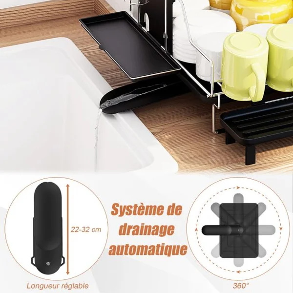 Égouttoir à Vaisselle avec Bac d'Égouttage Porte-Vaisselle Antirouille avec Porte-ustensiles Support de Planche à Découper 58*42*37cm