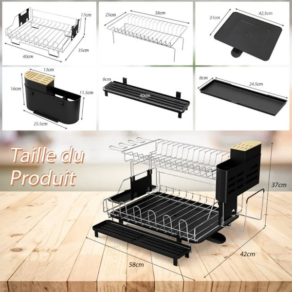Égouttoir à Vaisselle avec Bac d'Égouttage Porte-Vaisselle Antirouille avec Porte-ustensiles Support de Planche à Découper 58*42*37cm