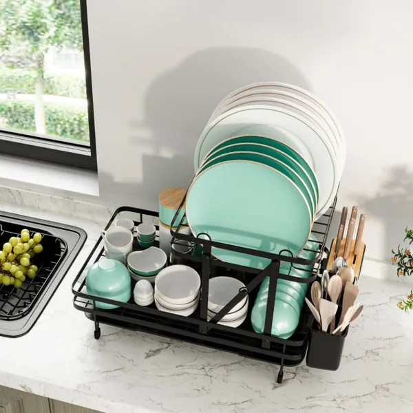 Égouttoir à Vaisselle Cuisine Pliable 2 Niveaux Porte-Vaisselle Antirouille Bac de Récupération Amovible 56x31x30cm