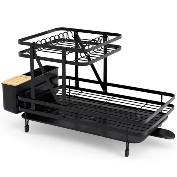 Égouttoir à Vaisselle Cuisine Pliable 2 Niveaux Porte-Vaisselle Antirouille Bac de Récupération Amovible 56x31x30cm