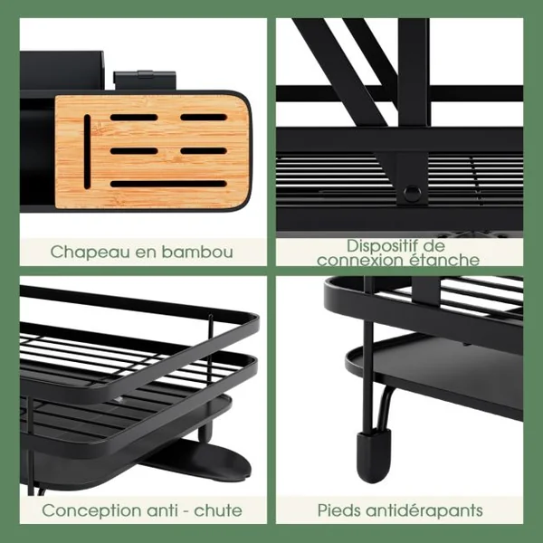 Égouttoir à Vaisselle Cuisine Pliable 2 Niveaux Porte-Vaisselle Antirouille Bac de Récupération Amovible 56x31x30cm