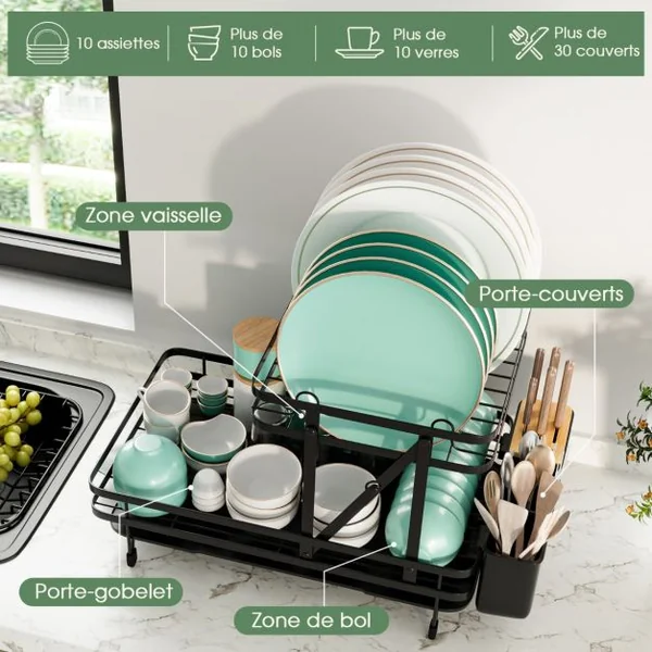 Égouttoir à Vaisselle Cuisine Pliable 2 Niveaux Porte-Vaisselle Antirouille Bac de Récupération Amovible 56x31x30cm