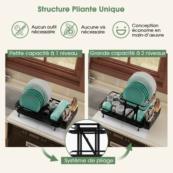 Égouttoir à Vaisselle Cuisine Pliable 2 Niveaux Porte-Vaisselle Antirouille Bac de Récupération Amovible 56x31x30cm