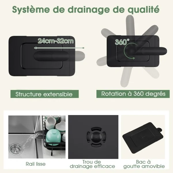Égouttoir à Vaisselle Cuisine Pliable 2 Niveaux Porte-Vaisselle Antirouille Bac de Récupération Amovible 56x31x30cm