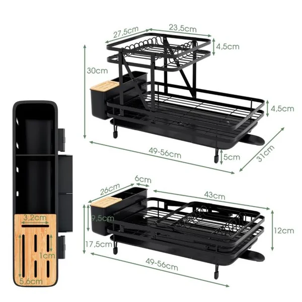 Égouttoir à Vaisselle Cuisine Pliable 2 Niveaux Porte-Vaisselle Antirouille Bac de Récupération Amovible 56x31x30cm