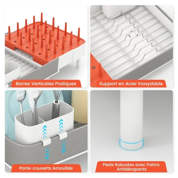 Égouttoir à Vaisselle en Acier Inoxydable & PP Extensible avec Porte-Couverts Amovible Porte-gobelets Drainage Automatique